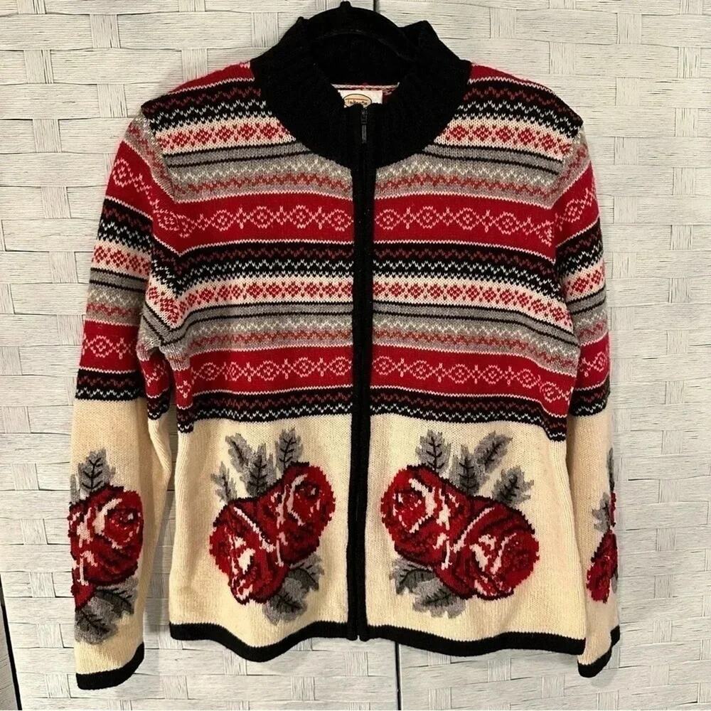 Vintage lambs, Wool Sweater Cardigan L Full Zip Cottage winter Floral